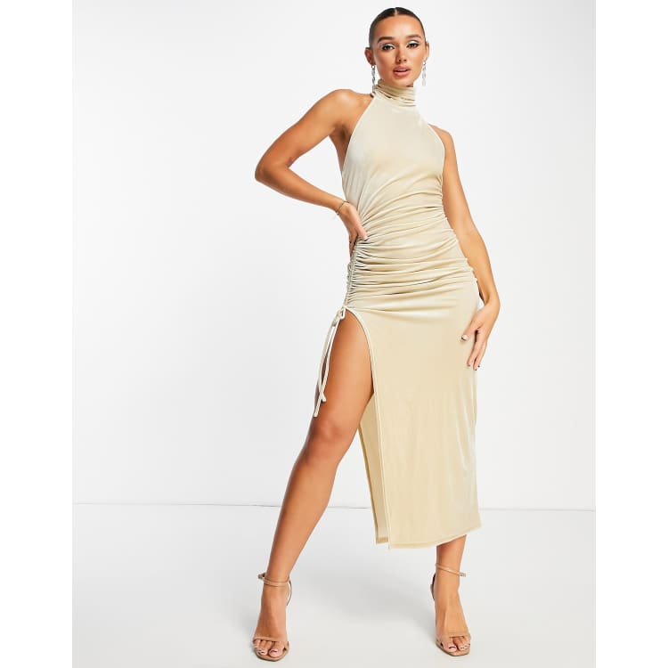 Missguided Champagne Satin Cowl Neck Side Button Midi Dress