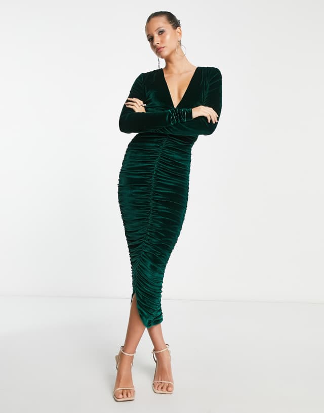 Rare - london velvet plunge front ruched midi dress in green