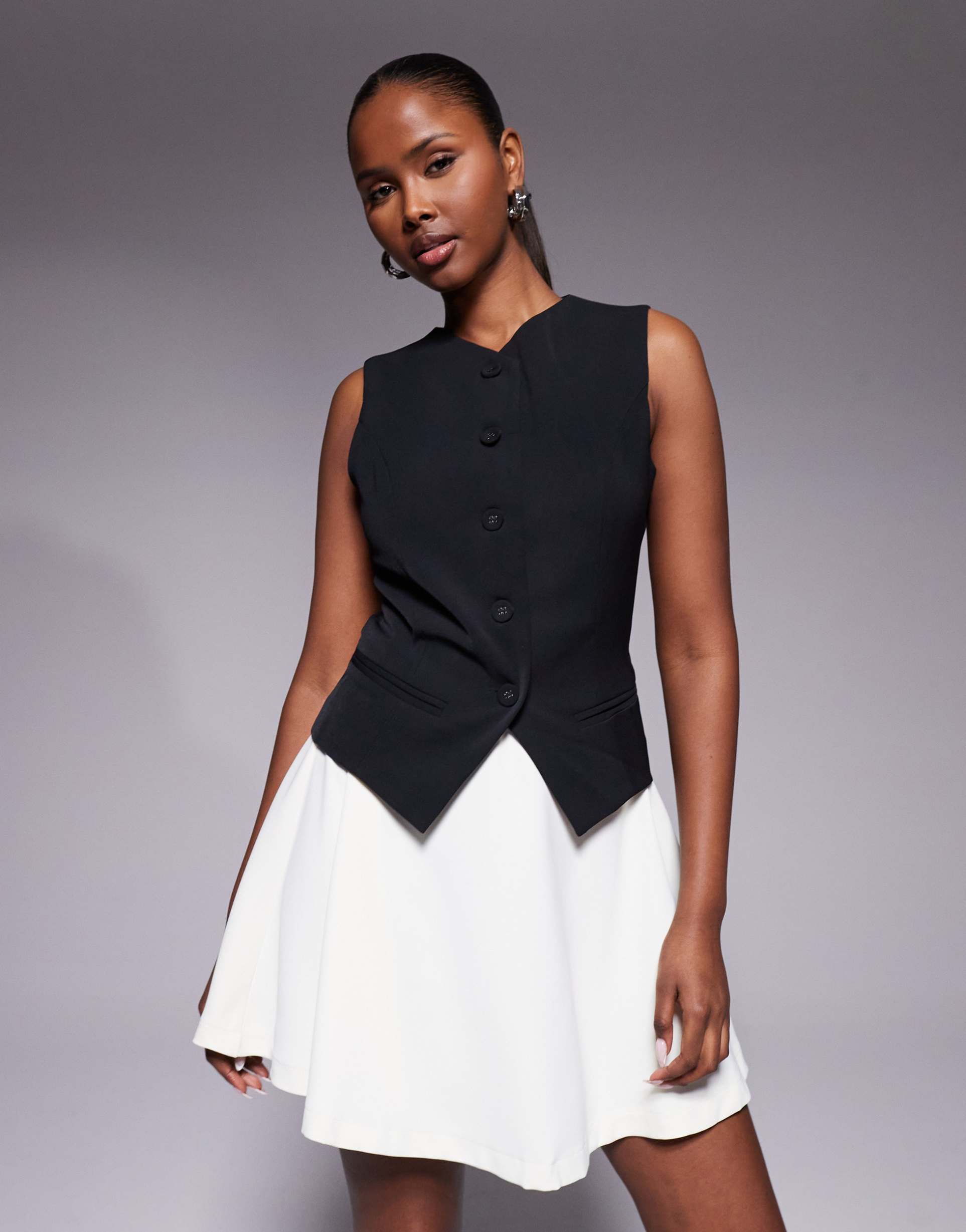 rare london vest detail contrast skirt mini dress in black and white