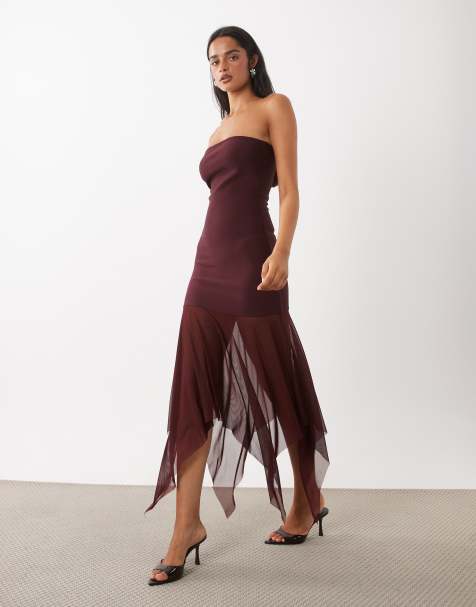 Rare London - Vestido largo maxi de gasa con falda asimétrica y palabra de honor en cereza oscura - view 1