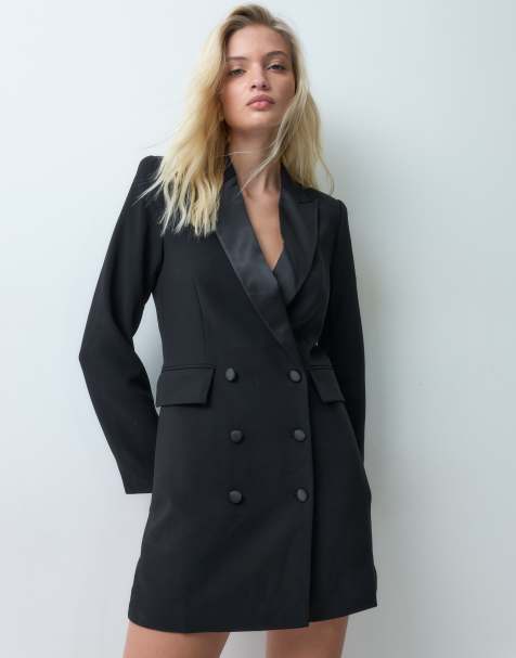 Rare London vestido mini tipo blazer de doble botonadura con solapas satinadas en negro - view 1