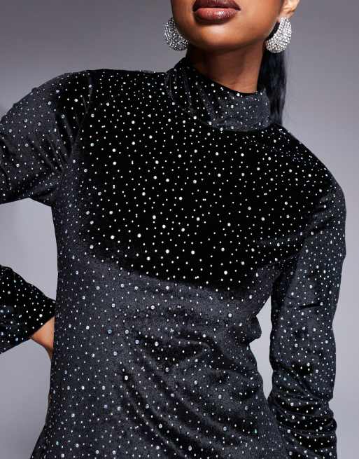 Rare London - Vestito corto accollato in velluto nero con strass, 3 di 4