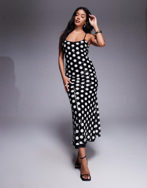 Rare London - Vestito lungo con spalline sottili nero e bianco a pois con paillettes