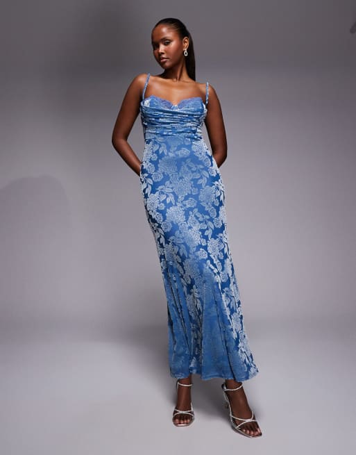 Rare London - Vestito lungo in velluto blu a fiori dévoré con fascetta sul retro e dettaglio sul busto