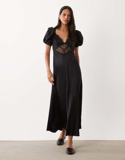 Rare London vestito lungo nero con maniche a palloncino e dettagli in pizzo