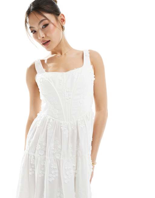Rare London - Vestito midi bianco a corsetto a balze con ricami