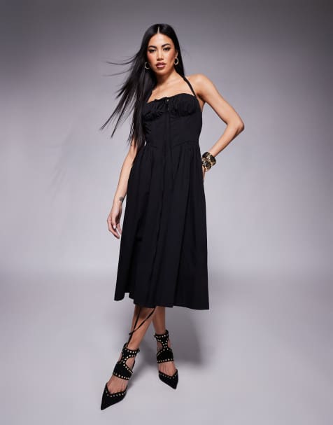 Rare London - Vestito milkmaid midi nero allacciato al collo con laccetti - view 1