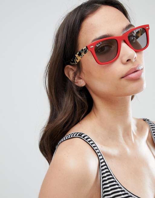 Ray Ban 0rb2140 Original Wayfarer Classic Polarized Sunglasses In Red And Leopard Asos