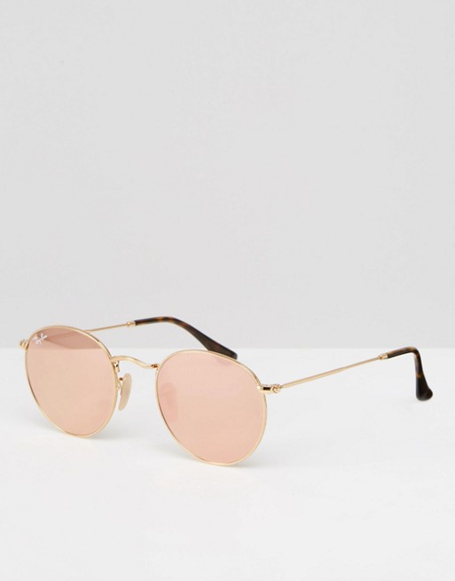 Ray-Ban 0RB3447 round metal flat lens mirror in pink with gold frame