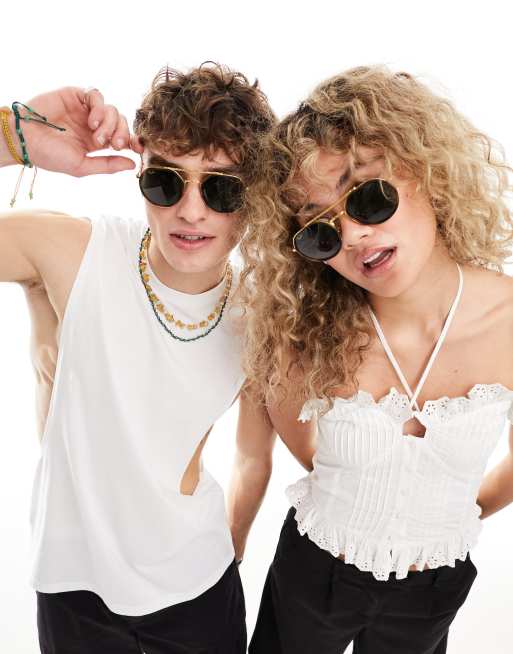 Ray-Ban acetate metal mix round sunglasses in black and gold, 3 of 4
