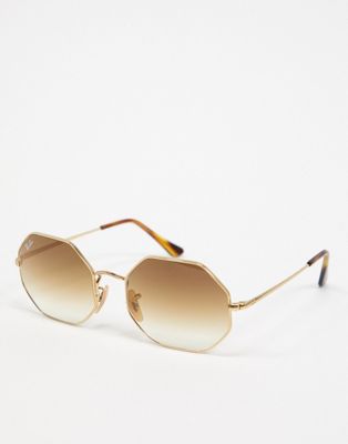 Ray-ban – Achteckige Sonnenbrille in Gold mit braunen Gläsern