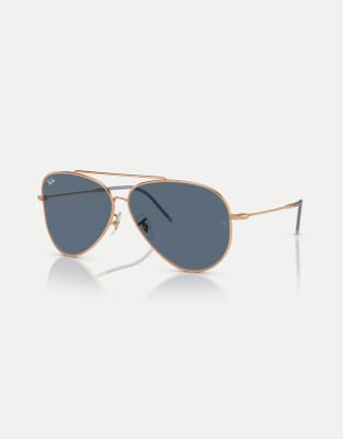 Ray-Ban Aviator pilot sunglasses with blue lens in rose gold