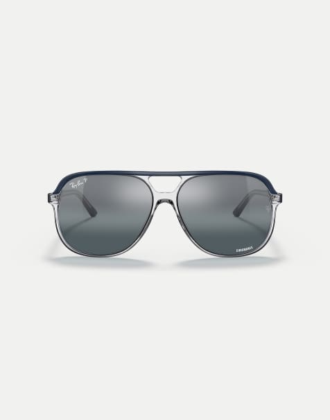 Ray-Ban Bill square polarised sunglasses with transparent mirrored lens in blue on transparent - view 1