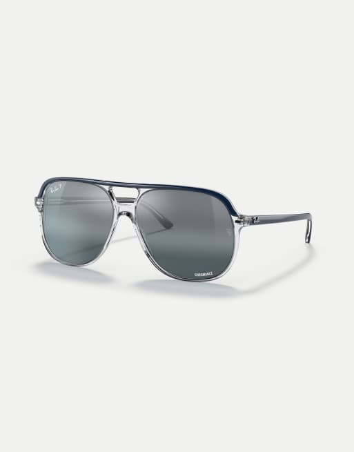 Ray-Ban Bill square polarised sunglasses with transparent mirrored lens in blue on transparent, 2 of 3