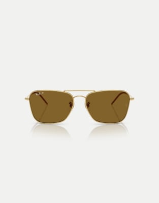 Ray-Ban Caravan square polarised sunglasses with brown lens in arista gold