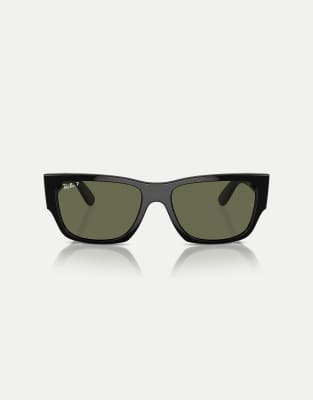 Ray-Ban - Carlos - Rechteckige, polarisierte Sonnenbrille in Schwarz mit grünen Gläsern