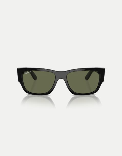 Ray-Ban – Carlos – Rechteckige, polarisierte Sonnenbrille in Schwarz mit grünen Gläsern - view 1