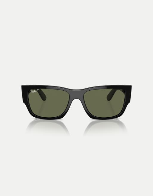 Ray-Ban – Carlos – Rechteckige, polarisierte Sonnenbrille in Schwarz mit grünen Gläsern
