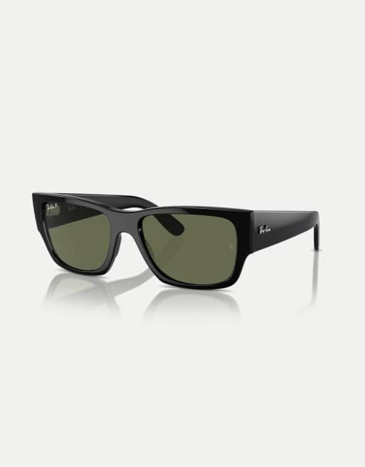 Ray-Ban – Carlos – Rechteckige, polarisierte Sonnenbrille in Schwarz mit grünen Gläsern, 3 von 3