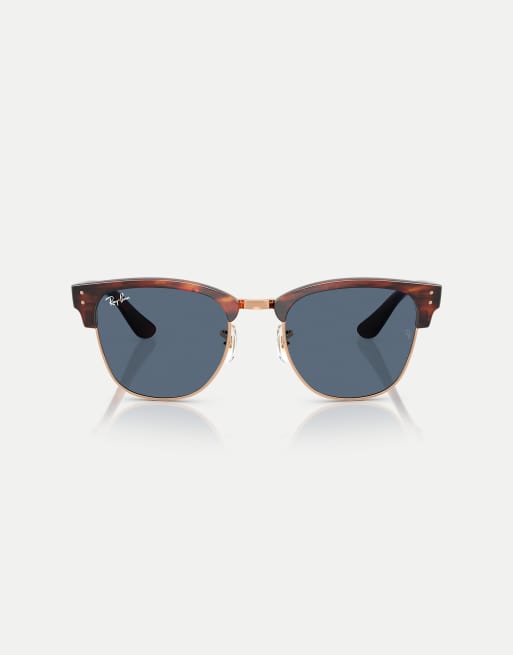 Ray-Ban - Clubmaster - Occhiali da sole color havana a righe su oro rosa con lenti blu