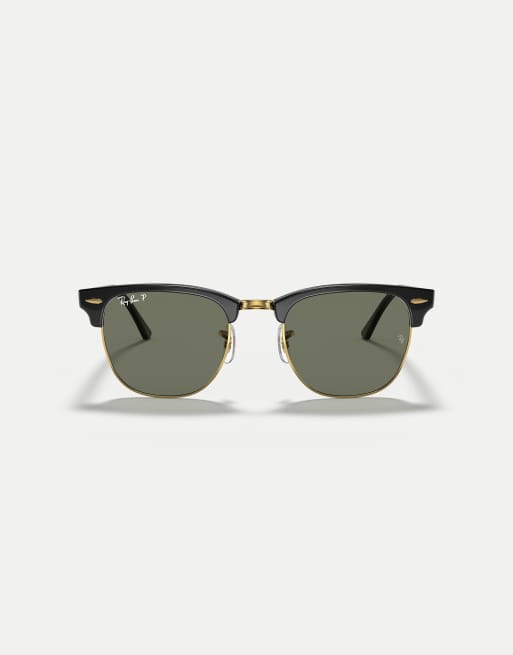 Ray-Ban - Clubmaster - Occhiali da sole neri con dettagli oro e lenti verdi polarizzate