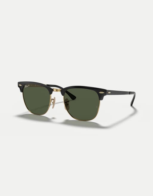 Ray-Ban - Clubmaster - Occhiali da sole neri con dettagli oro e lenti verdi polarizzate, 3 di 4