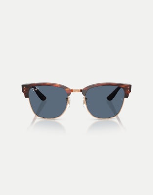 Ray-Ban - Clubmaster - Sonnenbrille in gestreiftem Havana auf Roségoldfarbton mit blauen Gläsern-Braun