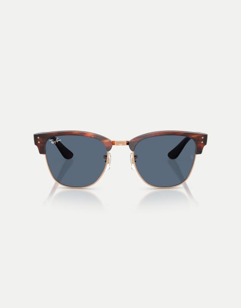 Ray-Ban Clubmaster sunglasses with blue lens in striped havana on rose gold - view 1