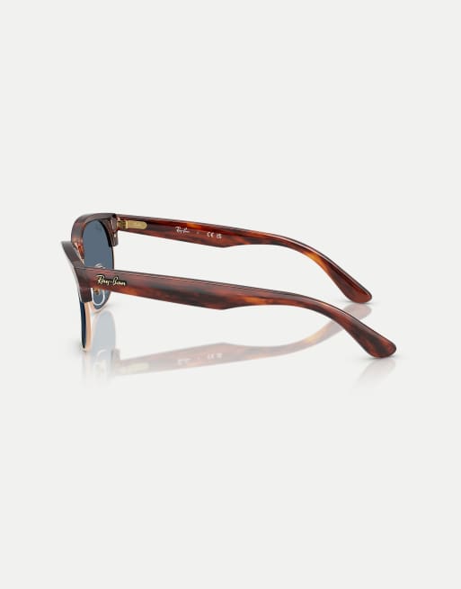 Ray-Ban Clubmaster sunglasses with blue lens in striped havana on rose gold, 4 of 4
