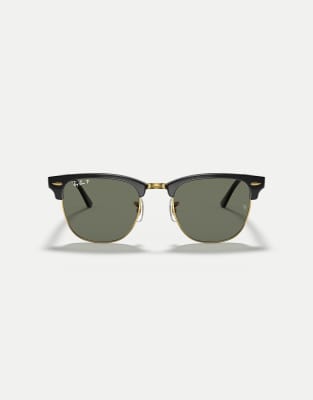 Ray-Ban Clubmaster sunglasses with green polarised lens in black on gold