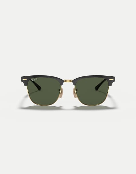 Ray-Ban Clubmaster sunglasses with green polarised lens in black on gold - view 1