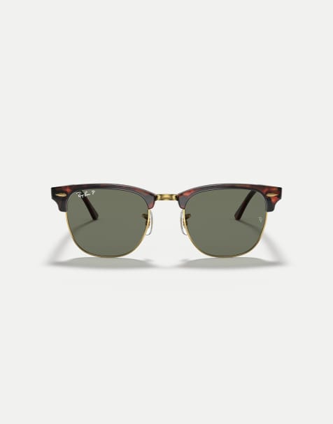 Ray-Ban Clubmaster sunglasses with green polarised lens in tortoise on gold - view 1