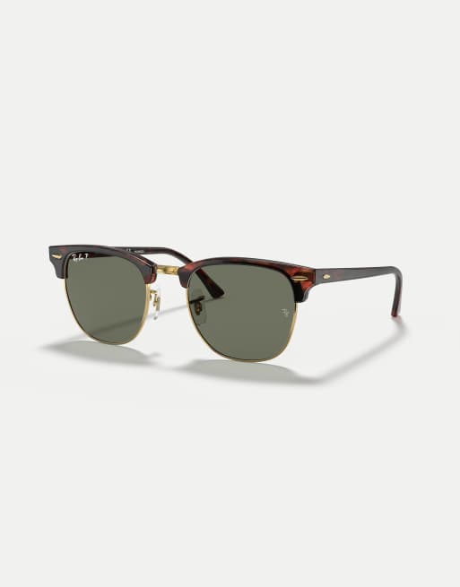 Ray-Ban Clubmaster sunglasses with green polarised lens in tortoise on gold, 3 of 3