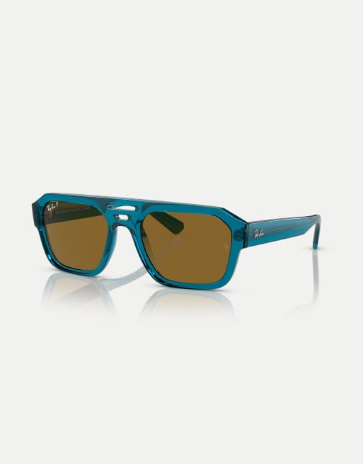 Ray-Ban - Corrigan - Occhiali da sole irregolari azzurri trasparenti con lenti marroni polarizzate, 2 di 3