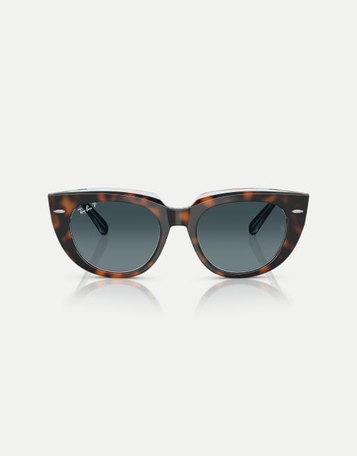Ray-Ban – Doreen – Eckige, polarisierte Sonnenbrille in dunklem Havana auf bunt transparent mit blauen Gläsern