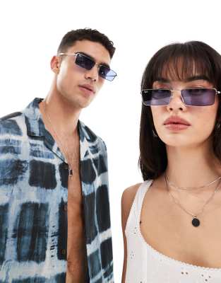 Ray-Ban - Eckige Metall-Sonnenbrille in Blau/Silber