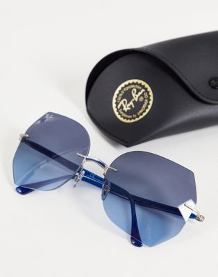 Ray-Ban – Eckige Oversize-Sonnenbrille in Silber mit blauen Gläsern