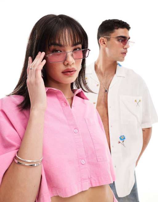 Ray-Ban - Emy - Lunettes de soleil carrées en métal - Rose/argenté