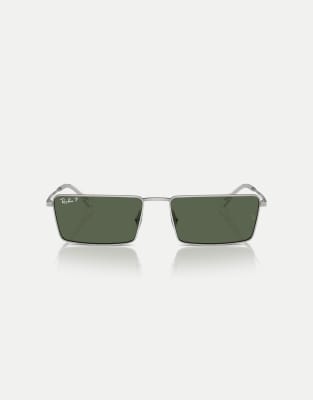 Ray-Ban - Emy - Rechteckige, polarisierte Sonnenbrille in Silber mit grünen Gläsern