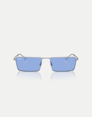 Ray-Ban - Emy - Rechteckige Sonnenbrille in Silber mit blauen Gläsern