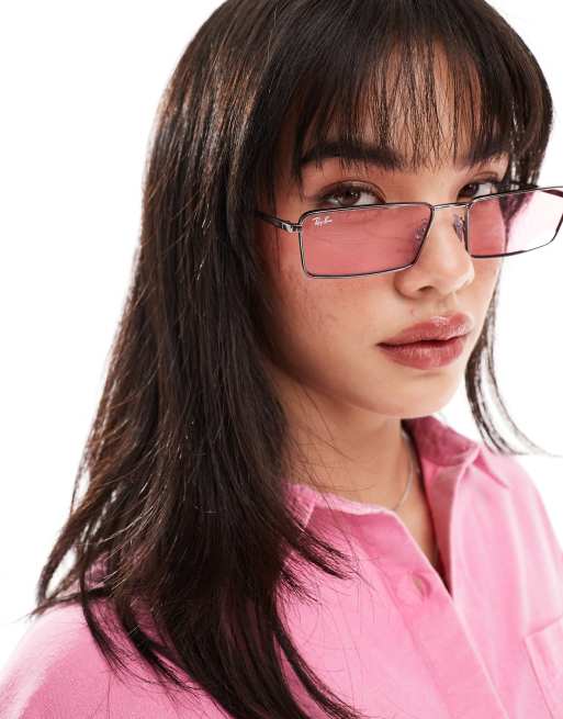Ray-Ban - Emy - Vierkante metalen zonnebril in roze/zilver, 3 van 4