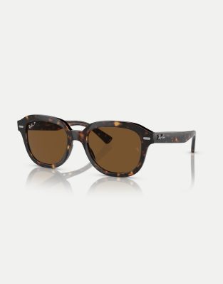 Ray-Ban - Erik - Eckige, polarisierte Sonnenbrille mit Schildpattoptik in Dunkelbraun und Gläsern in Braun-Brown