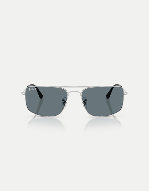 Ray-Ban - Explorer III - Occhiali da sole squadrati color argento con lenti blu polarizzate