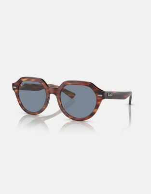 Ray-Ban - Gina - Eckige Sonnenbrille in Dunkelbraun gestreift mit Gläsern in Blau-Brown