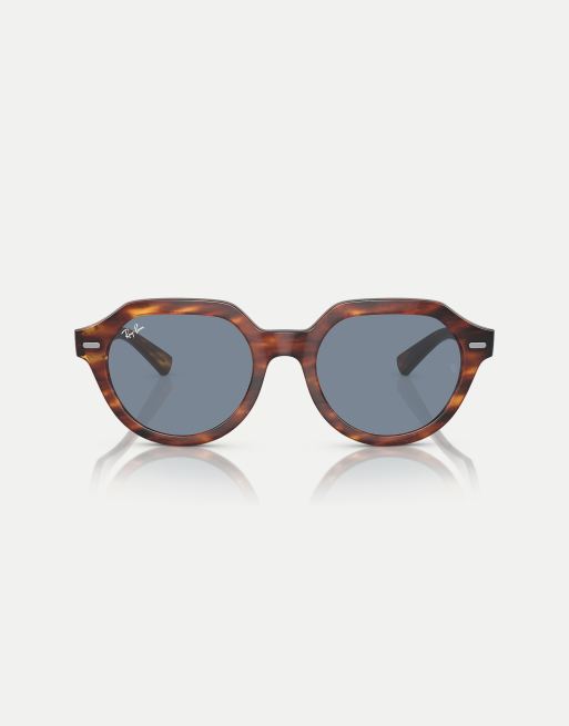 Ray-Ban - Gina - Lunettes de soleil carrées à verres bleus - Rayures marron foncé, 3 de 4