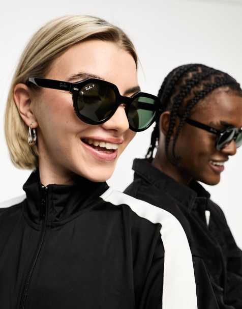 Ray-Ban – Gina – Sechseckige, abgerundete Sonnenbrille in Schwarz mit grünen Gläsern - view 1
