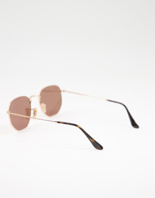 Ray-Ban – Guldfärgade sexkantiga solglasögon med rosa glas, 2 av 4