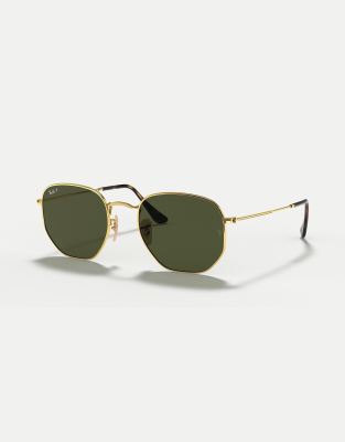 Ray-Ban hexagonal flat lenses irregular polarised sunglasses in gold with green lens in gold