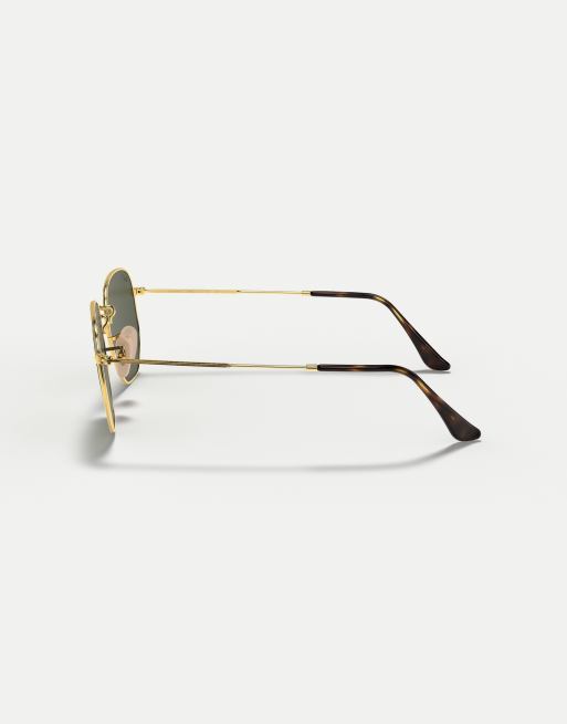 Ray-Ban hexagonal flat lenses irregular polarised sunglasses in gold with green lens in gold, 2 of 4