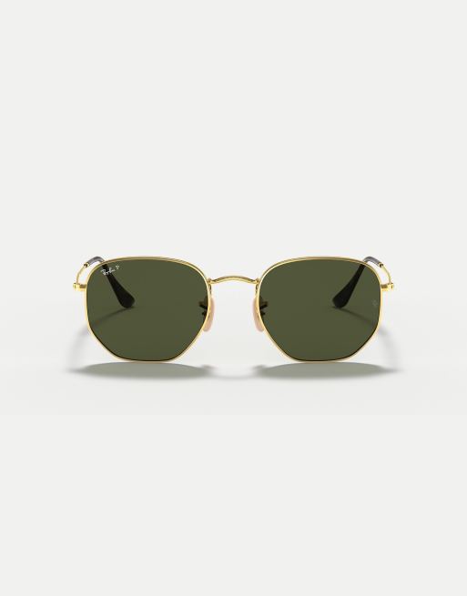 Ray-Ban hexagonal flat lenses irregular polarised sunglasses in gold with green lens in gold, 3 of 4